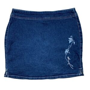 VTG Y2K Route 66 Denim Mini Skirt Flower Embroidery Side Slits Twee Coquette